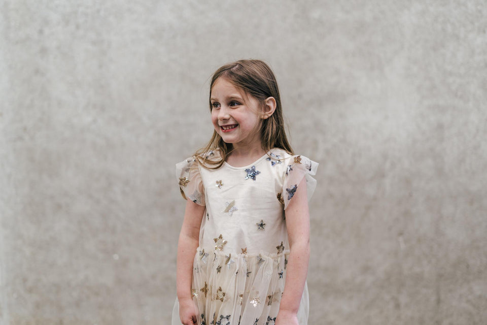 Little Girl's Ivory Soft Tulle Lace Sequined Stars Dress