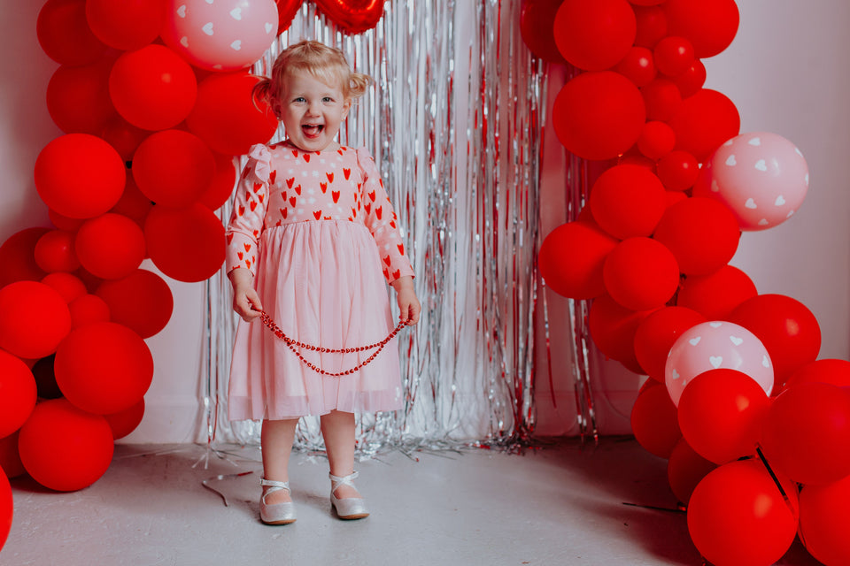 cuteheads Little Girl s Pink and Red Tulip Hearts Cotton Twirl Dress with Pink Soft Tulle Skirt 3T Pink Red