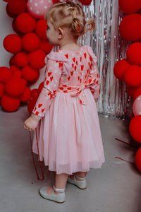 Little Girl's Pink and Red Tulip Hearts Cotton Twirl Dress with Pink Soft Tulle Skirt