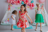Little Girl’s Pineapple Print Twirl Dress with Green Tulle Skirt