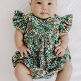 Infant Girl's Dark Green Multicolor Floral Ruffle Cotton Bubble Romper