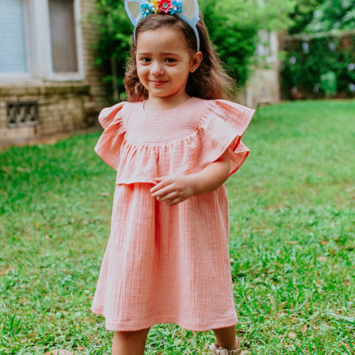 Girl's Peachy Pink Double Gauze Ruffle Collar Flounce Dress