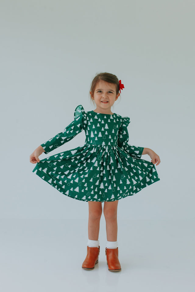 Little Girl's Green Hygge Christmas Tree Cotton Dress – cuteheads
