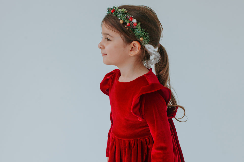 Little Girl's Red Velvet Flutter Sleeve Dress