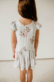 girls baby blue cotton jersey floral print flutter sleeve dress