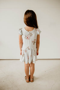 girls baby blue cotton jersey floral print flutter sleeve dress