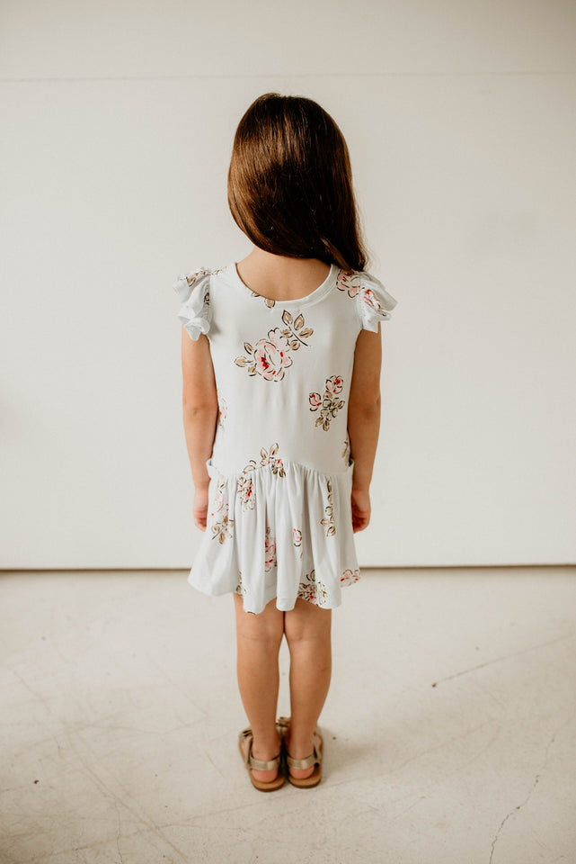 girls baby blue cotton jersey floral print flutter sleeve dress