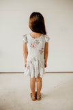 girls baby blue cotton jersey floral print flutter sleeve dress