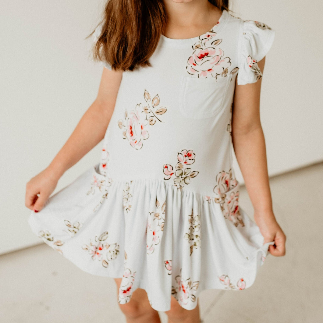 girls baby blue cotton jersey floral print flutter sleeve dress