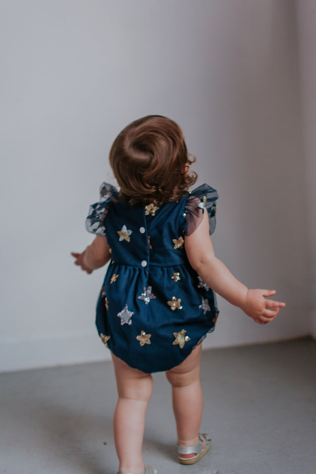 Infant Girl's Navy Soft Tulle Lace Sequined Stars Bubble Romper