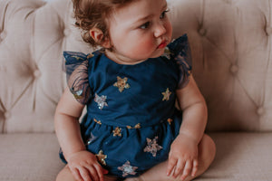 Infant Girl's Navy Soft Tulle Lace Sequined Stars Bubble Romper