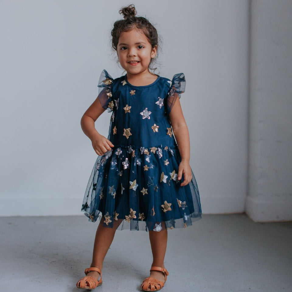 Little Girl's Navy Soft Tulle Lace Sequined Stars Dress