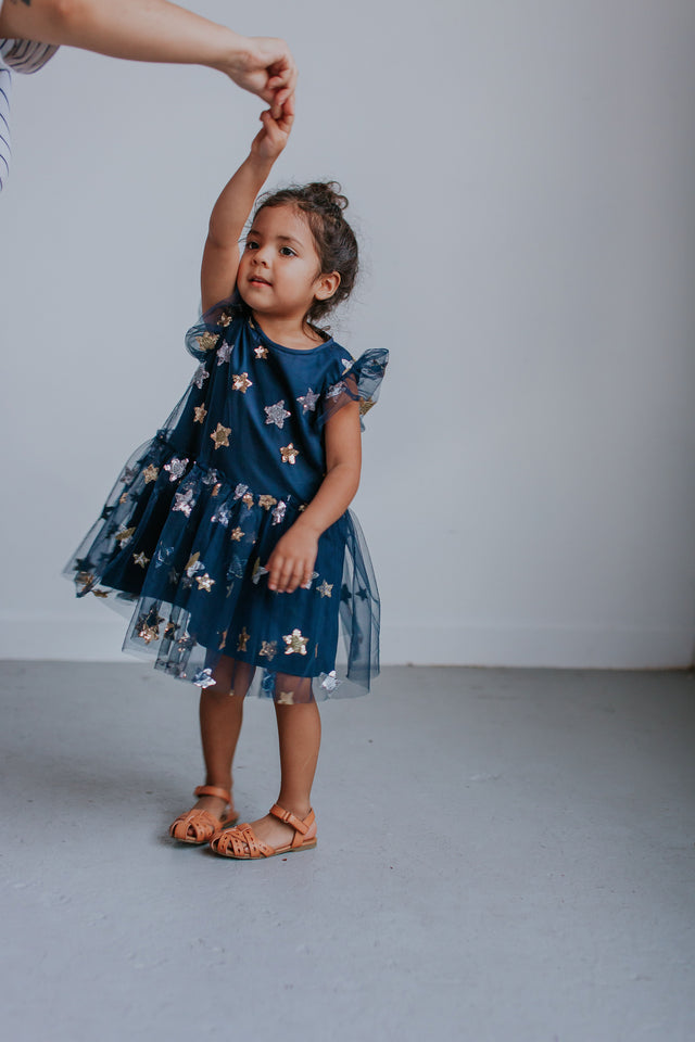 Little Girl's Navy Soft Tulle Lace Sequined Stars Dress