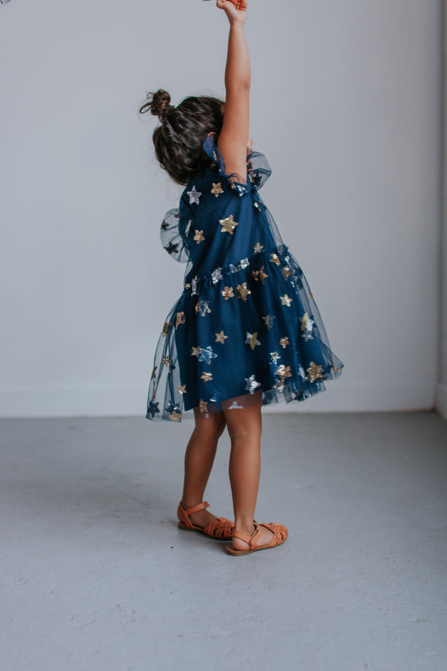 Little Girl's Navy Soft Tulle Lace Sequined Stars Dress