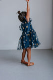 Little Girl's Navy Soft Tulle Lace Sequined Stars Dress
