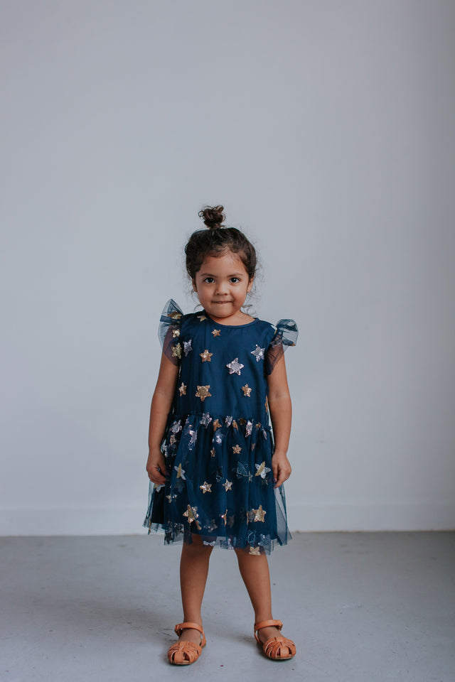 Little Girl's Navy Soft Tulle Lace Sequined Stars Dress