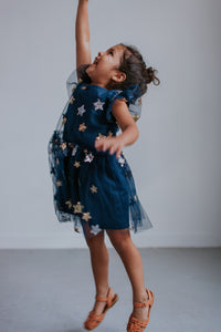 Little Girl's Navy Soft Tulle Lace Sequined Stars Dress