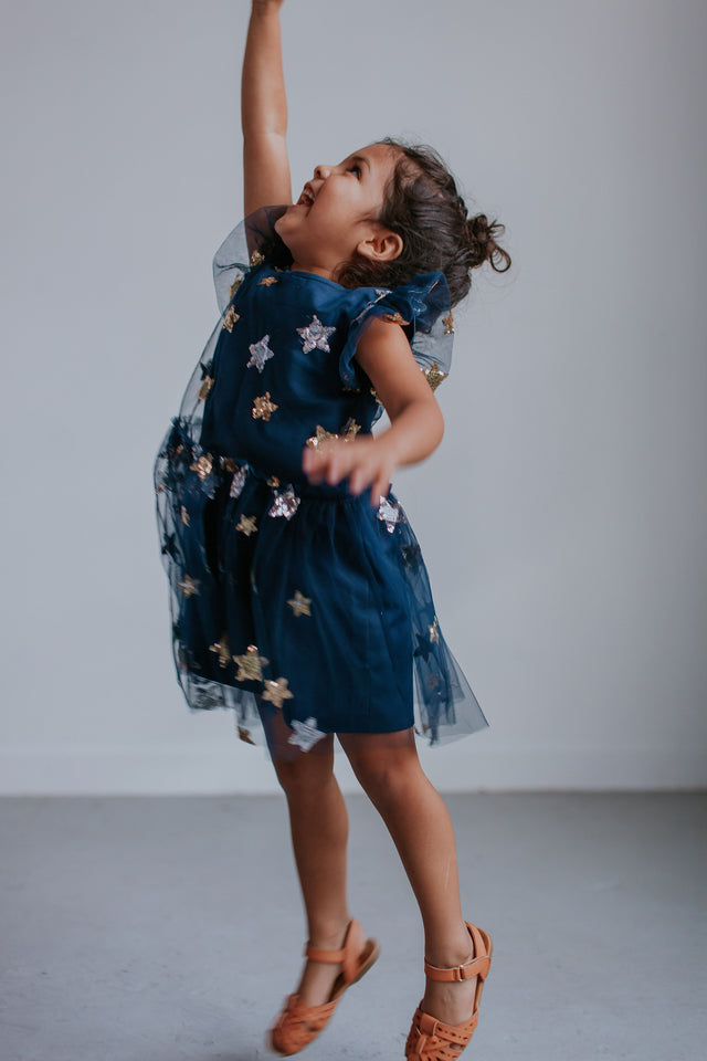 Little Girl's Navy Soft Tulle Lace Sequined Stars Dress