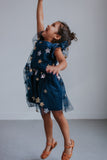 Little Girl's Navy Soft Tulle Lace Sequined Stars Dress