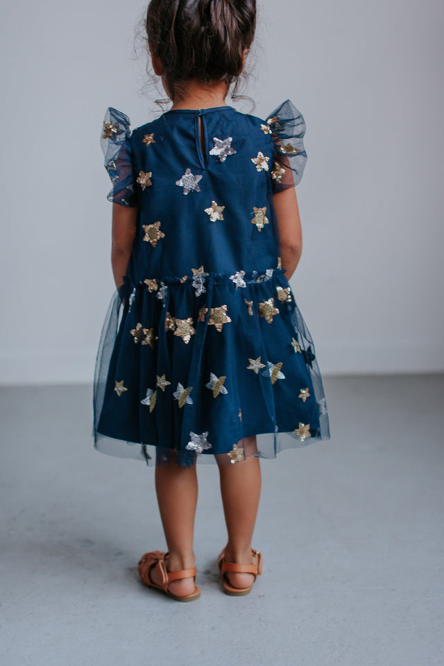 Little Girl's Navy Soft Tulle Lace Sequined Stars Dress