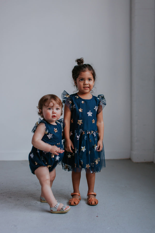 Little Girl's Navy Soft Tulle Lace Sequined Stars Dress
