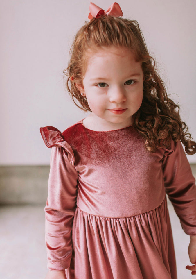 Little Girl's Pink Velvet Flutter Sleeve Dress