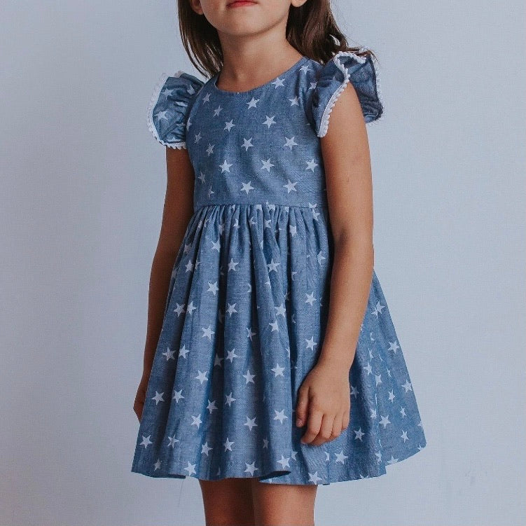 Little Girl's Chambray Star Print Cutout Dress