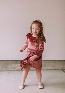 Little Girl's Pink Velvet Flutter Sleeve Dress