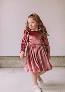 Little Girl's Pink Velvet Flutter Sleeve Dress