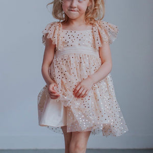 Little Girl’s Ivory Tulle and Gold Polka Dot Flutter Sleeve Dress