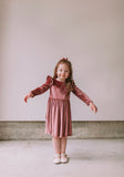 pink velvet flutter sleeve dress