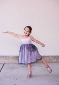 Little Girl's Pink and Navy Sparkle Tulle Flutter Sleeve Peplum Dress