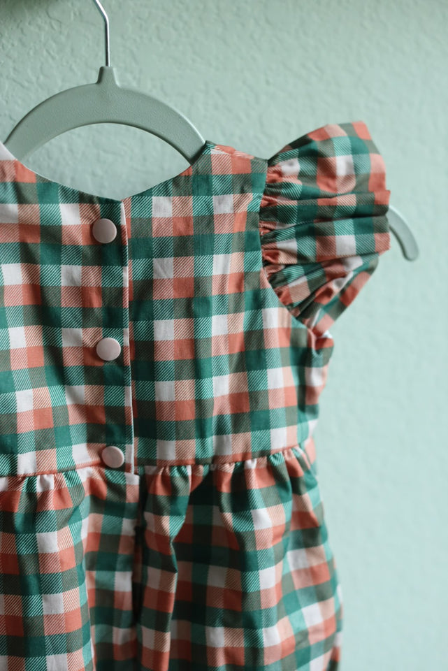 Infant Girl's Muted Red and Green Plaid Christmas Bubble Romper with Ivory Trim