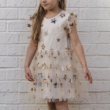 Little Girl's Ivory Soft Tulle Lace Sequined Stars Dress