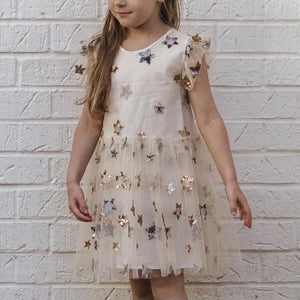 Little Girl's Ivory Soft Tulle Lace Sequined Stars Dress