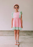 Little Girl's Pink & Green Gingham Pinafore Style Twirl Dress with Vintage Strawberry Trim