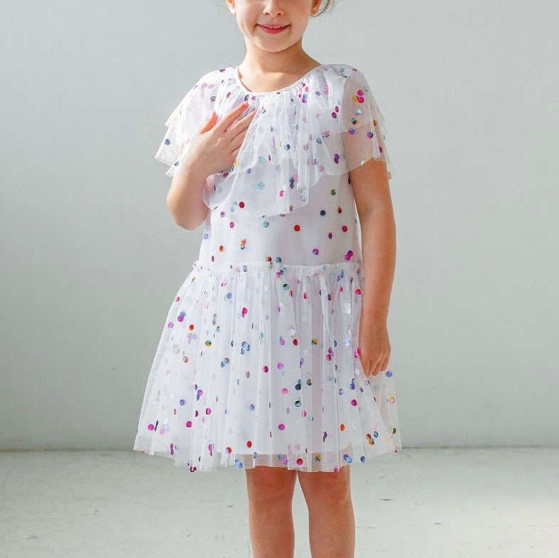 Little Girl's White Tulle Confetti Polka Dot Party Dress