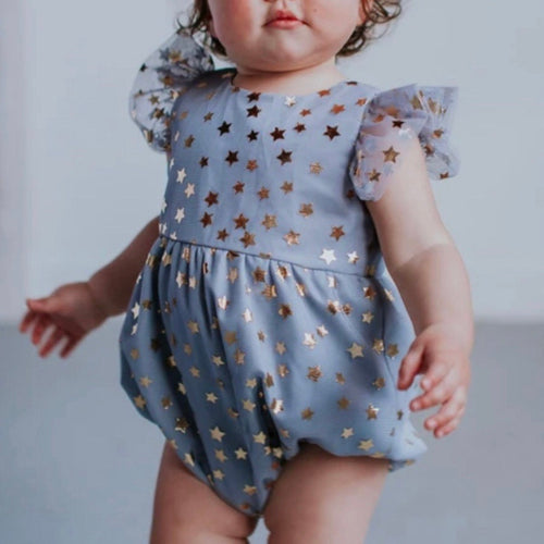Infant Girl’s Gray Tulle Bubble Romper with Metallic Gold Stars