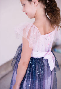 Little Girl's Pink and Navy Sparkle Tulle Flutter Sleeve Peplum Dress