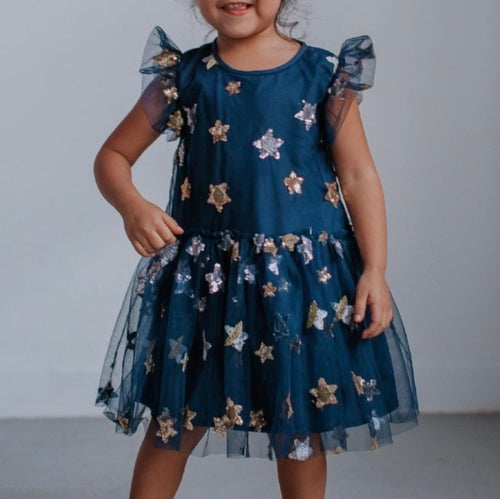 Little Girl's Navy Soft Tulle Lace Sequined Stars Dress