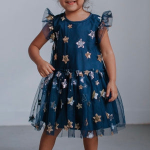 Little Girl's Navy Soft Tulle Lace Sequined Stars Dress