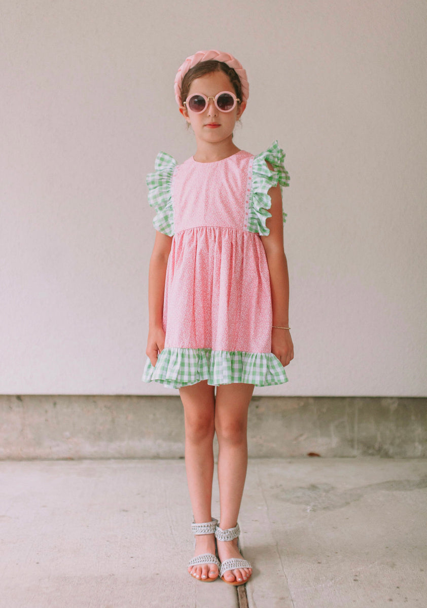 Little Girl's Pink & Green Gingham Pinafore Style Twirl Dress with Vin ...