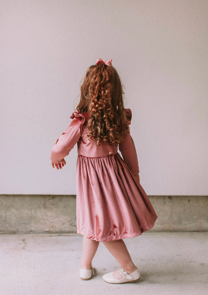 Little Girl's Pink Velvet Flutter Sleeve Dress