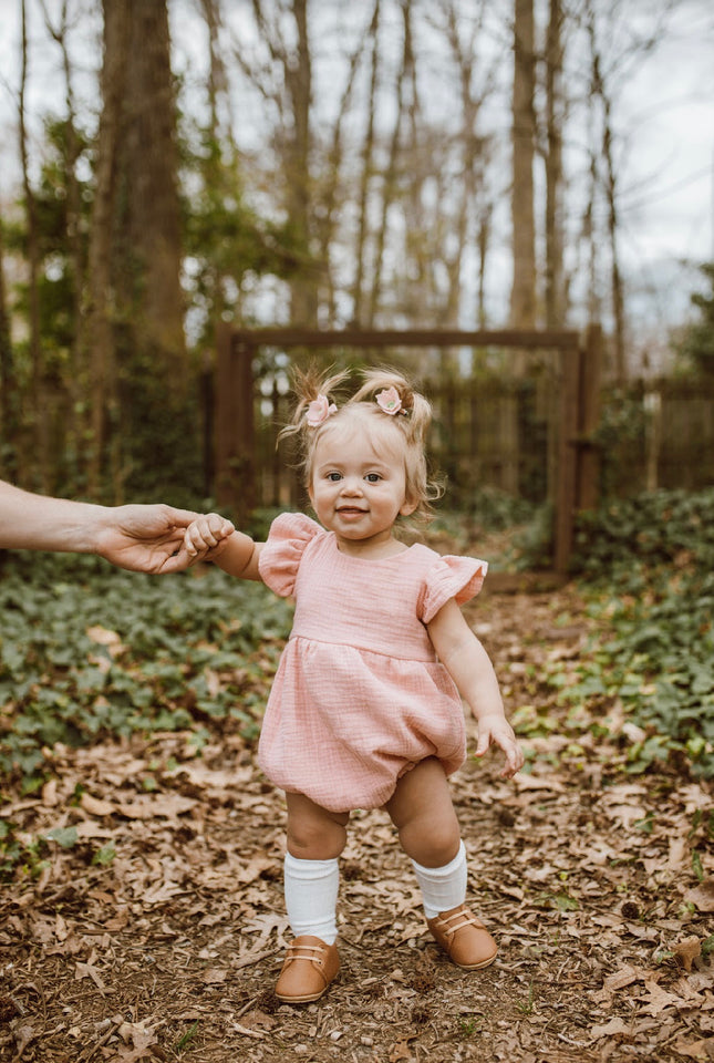 Infant Girl's Peach Pink Double Gauze Cotton Bubble Romper