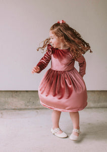 Little Girl's Pink Velvet Flutter Sleeve Dress