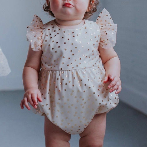 Infant Girl's Ivory Tulle with Gold Polka Dots Bubble Romper