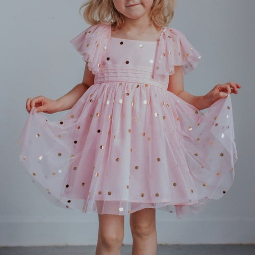 Little Girl's Pink Tulle Dress with Gold Polka Dots