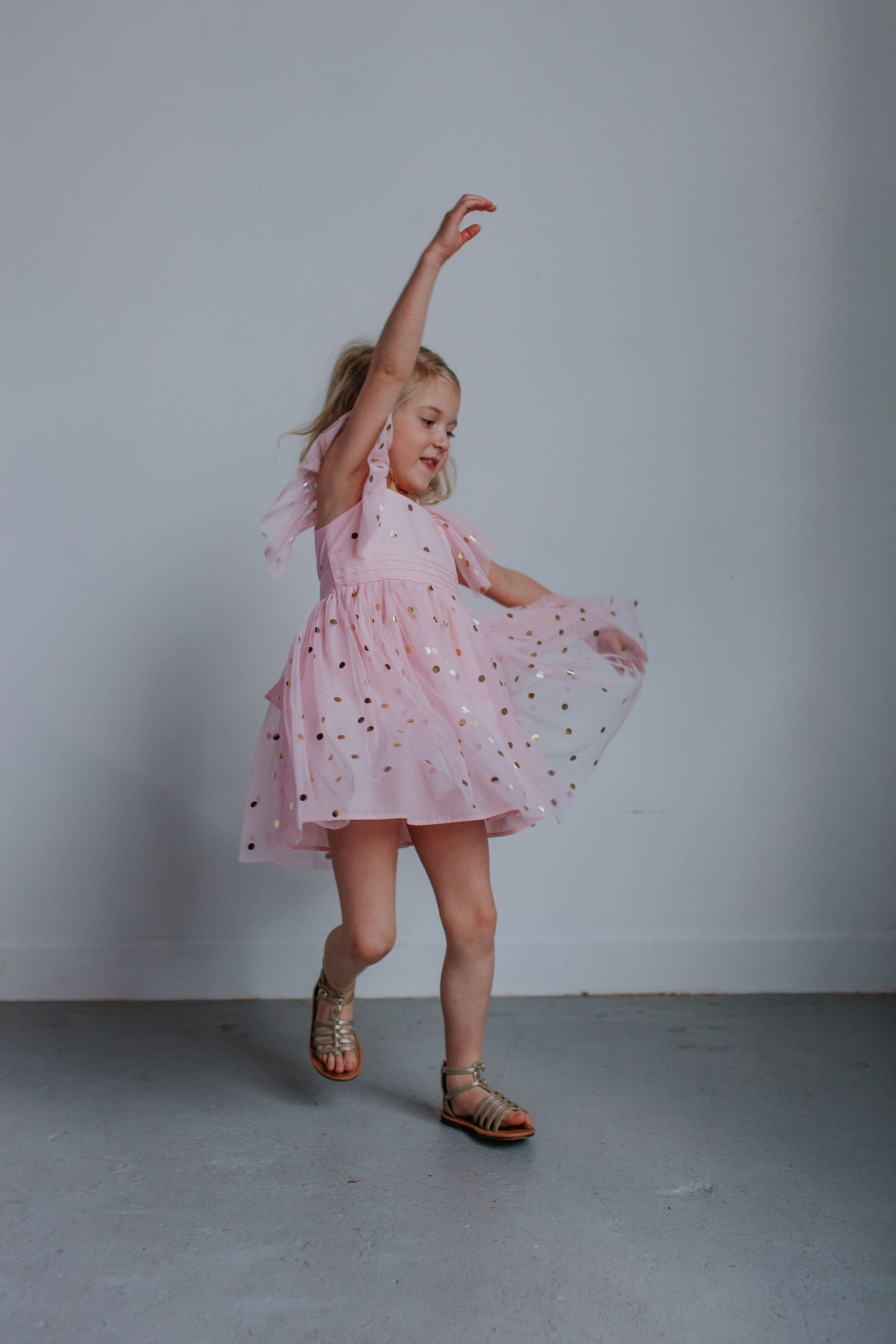 Little Girl s Pink Tulle Dress with Gold Polka Dots