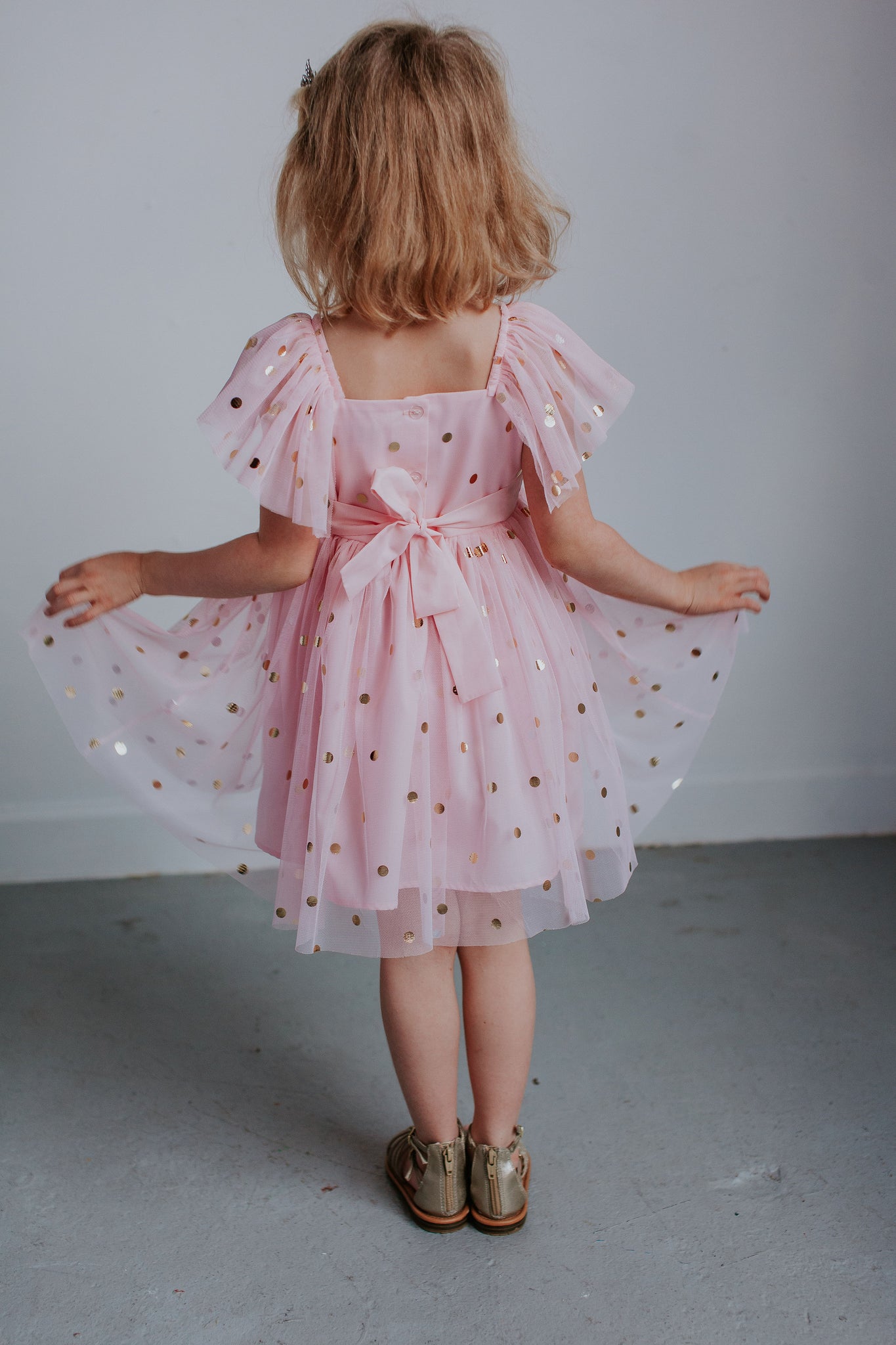 Little Girl s Pink Tulle Dress with Gold Polka Dots