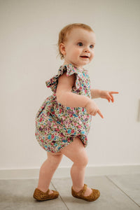 infant girls purple ditsy calico floral print romper